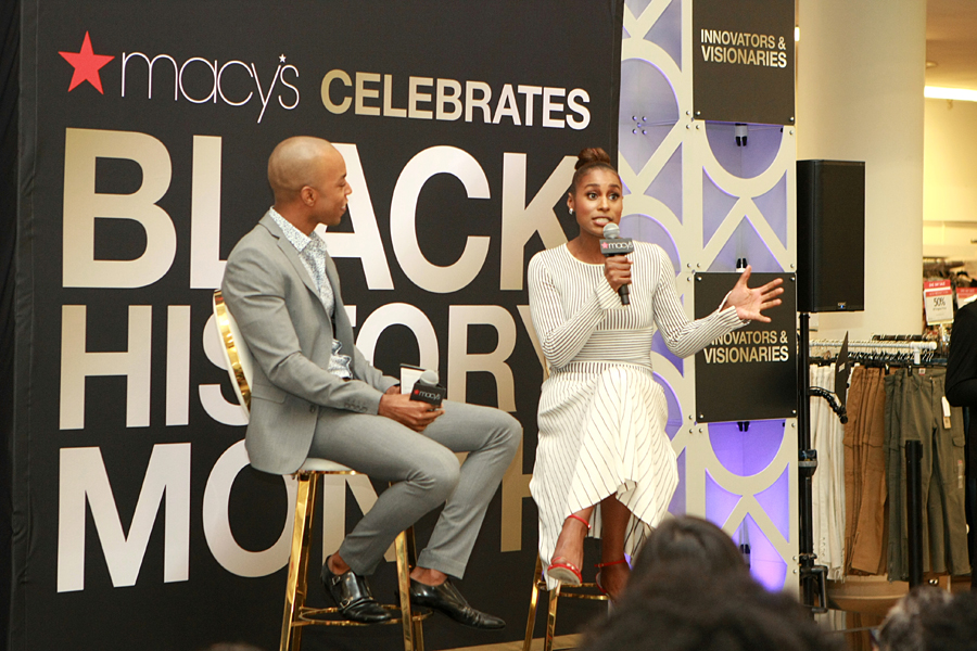 Issa Rae being interviewed by Emile Ennis Jr. in front of a large crowd at Macy’s in the Baldwin Hills Crenshaw Plaza. Photos by Jason Lewis